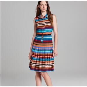 Calvin Klein Size 4 Multicolored Stripe‎ Collared Sleeveless Pleated  Dress